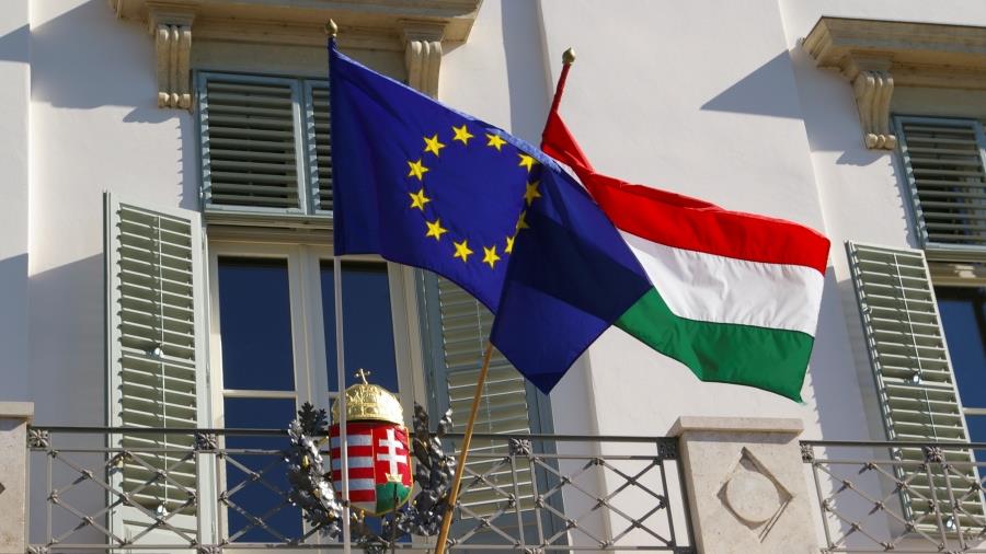 Hungarian and EU flags in Budapest